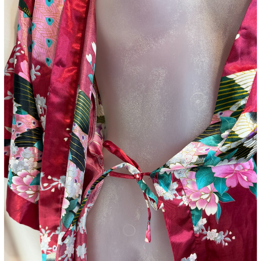 Wine Red Peacock Floral Satin Kimono Jacket – Japanese Inspired Layer Robe - Picture 6 of 9